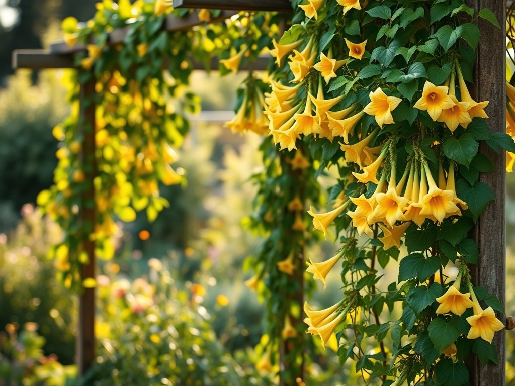 Zicht op een bloeiende tuin met klimop van trompetbloemen op een pergola.