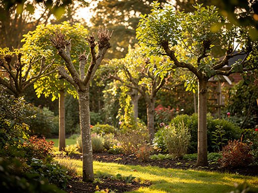 Rustige tuin met steeneiken, enkele net gesnoeid, onder warm zonlicht.