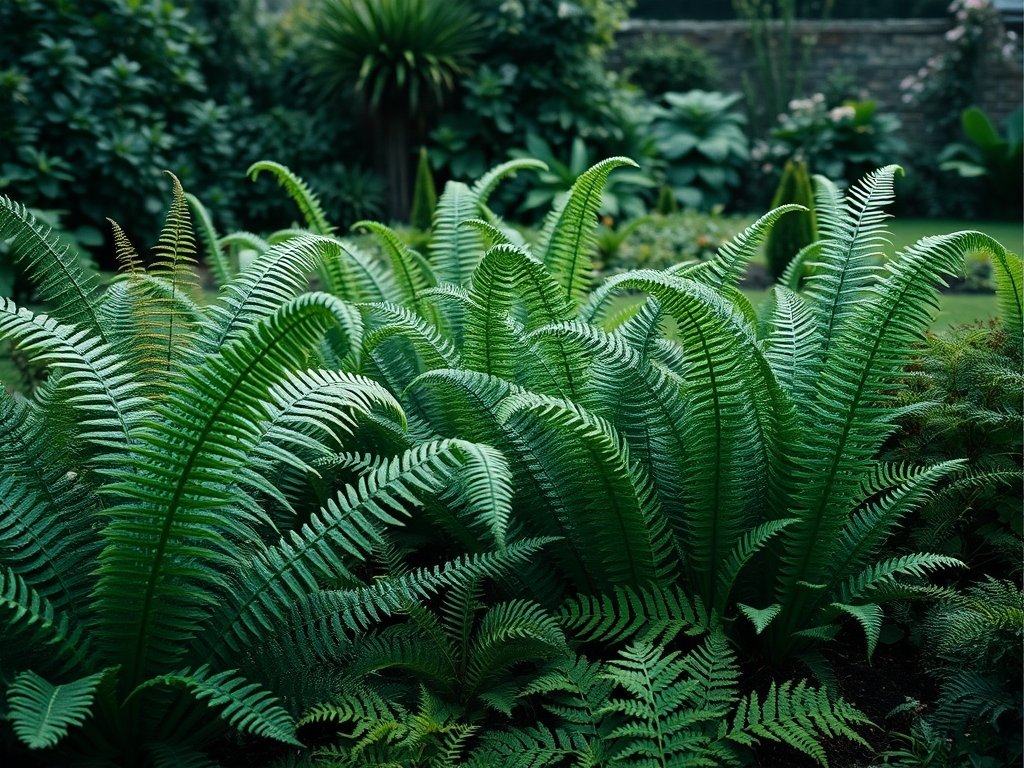 Uitzicht op een weelderige tuin met verschillende varens.