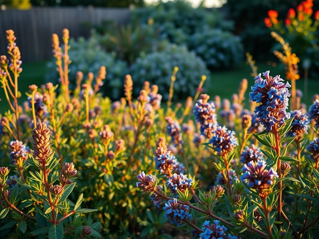 Uitzicht op een tuin met bloeiende Ceanothus struiken.