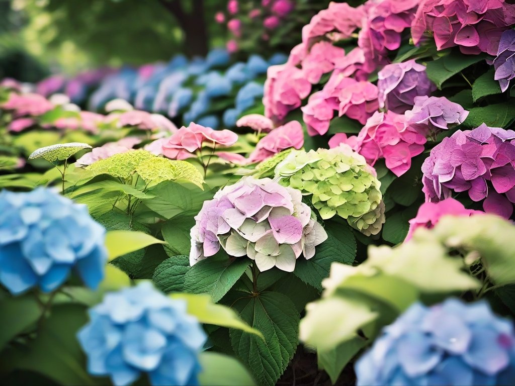 Zicht op een serene hortensia tuin met bloeiende bloemen.