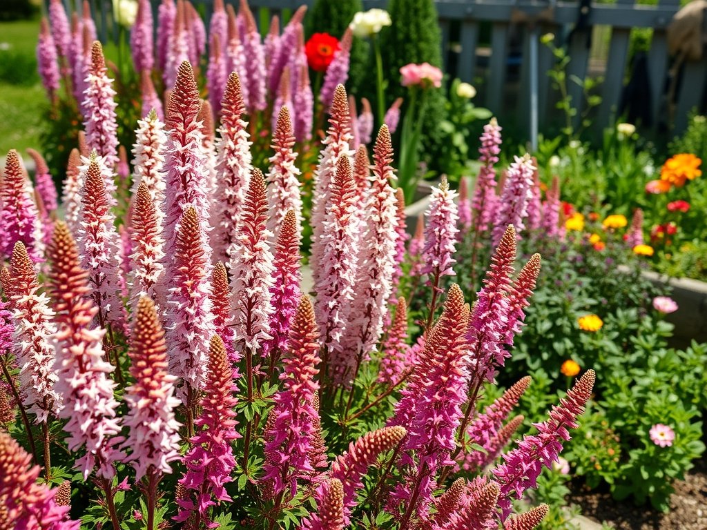Zicht op een kleurrijke tuin met bloeiende astilbe en gesnoeide planten.
