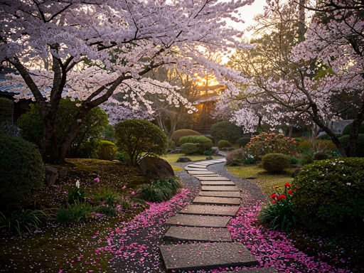Breedbeeld van een serene Japanse tuin met bloeiende sierkersbomen.