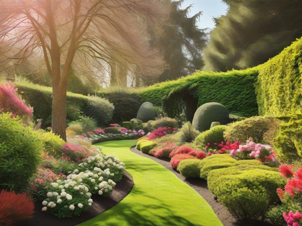 Brede opname van een mooie tuin met diverse struiken en bloeiende planten.