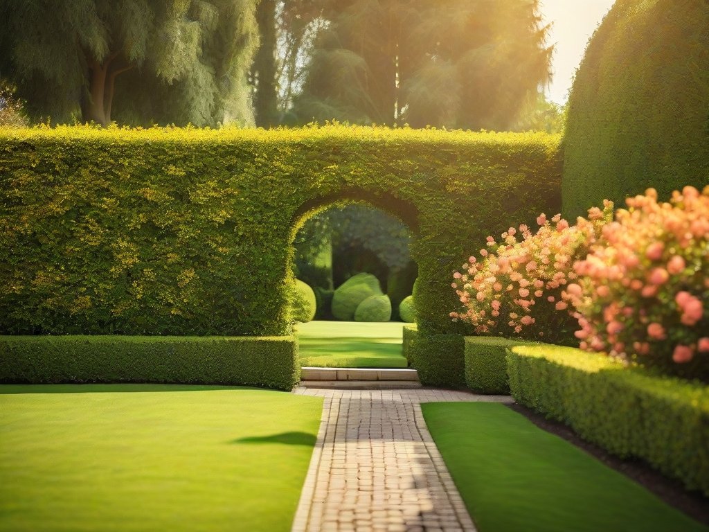 Overzicht van een verzorgde buxusheg in een rustgevende tuin.