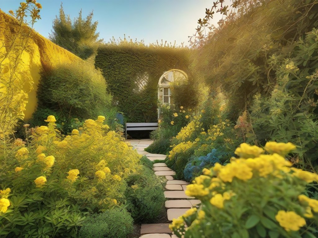 Rustige tuin met bloeiende hertshooi planten in verschillende groeistadia.