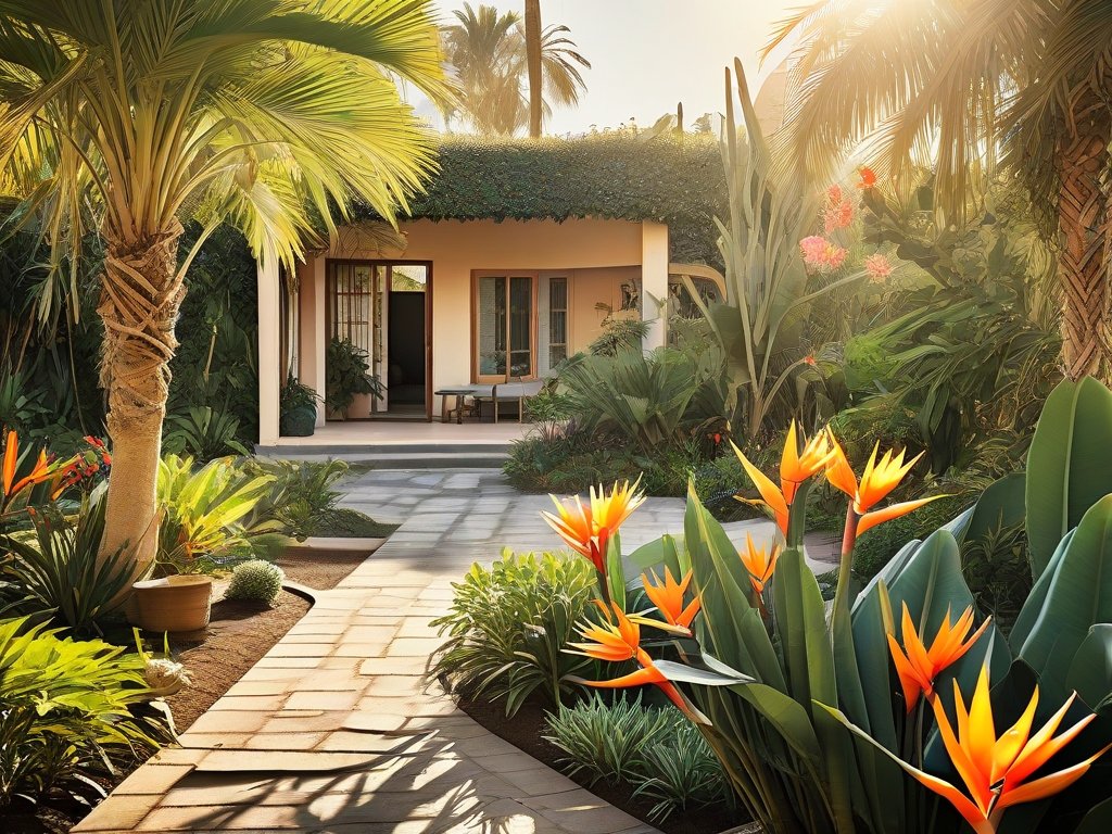 Uitzicht op een tuin met bloeiende Strelitzia planten en snoeiwerk.