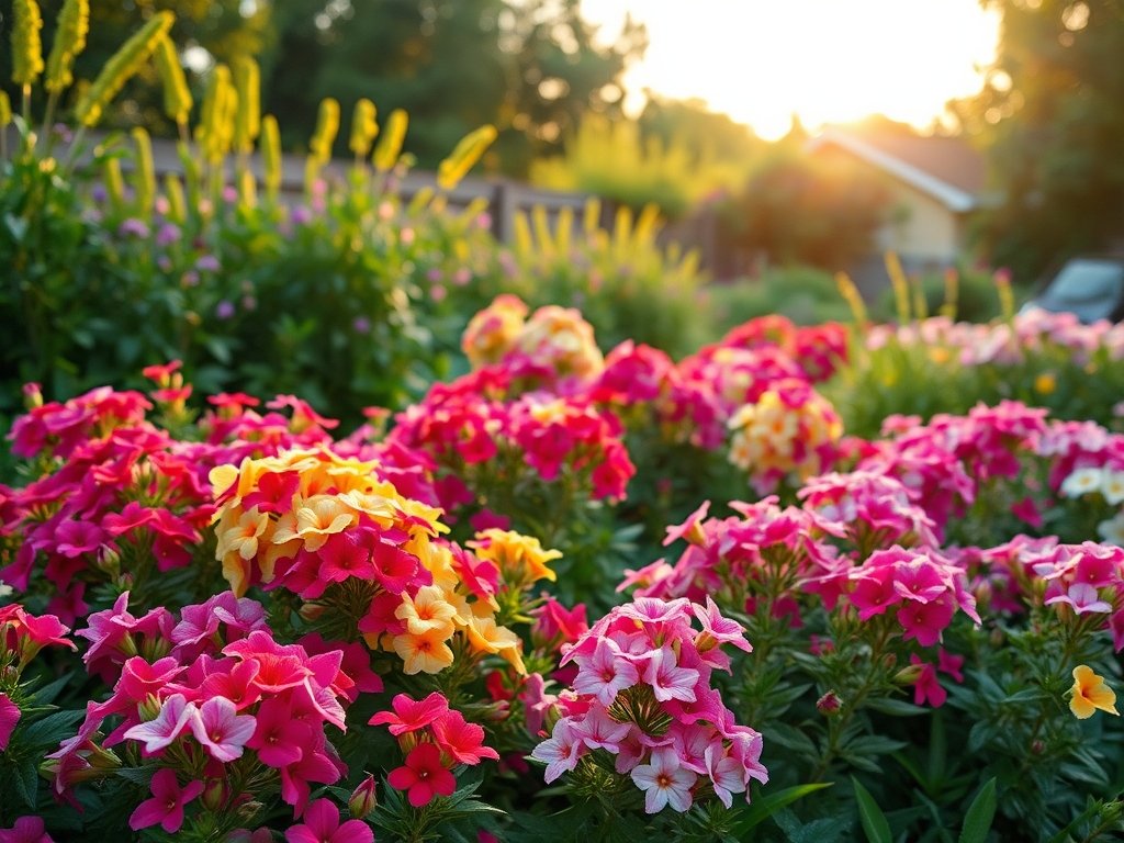 Kleurrijke phlox bloembedden omringd door weelderig groen.