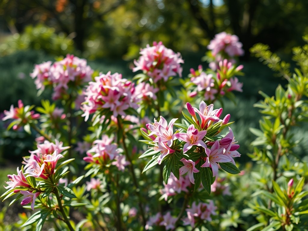 Rustige tuin met bloeiende Pieris japonica struiken en zacht licht door de bladeren.