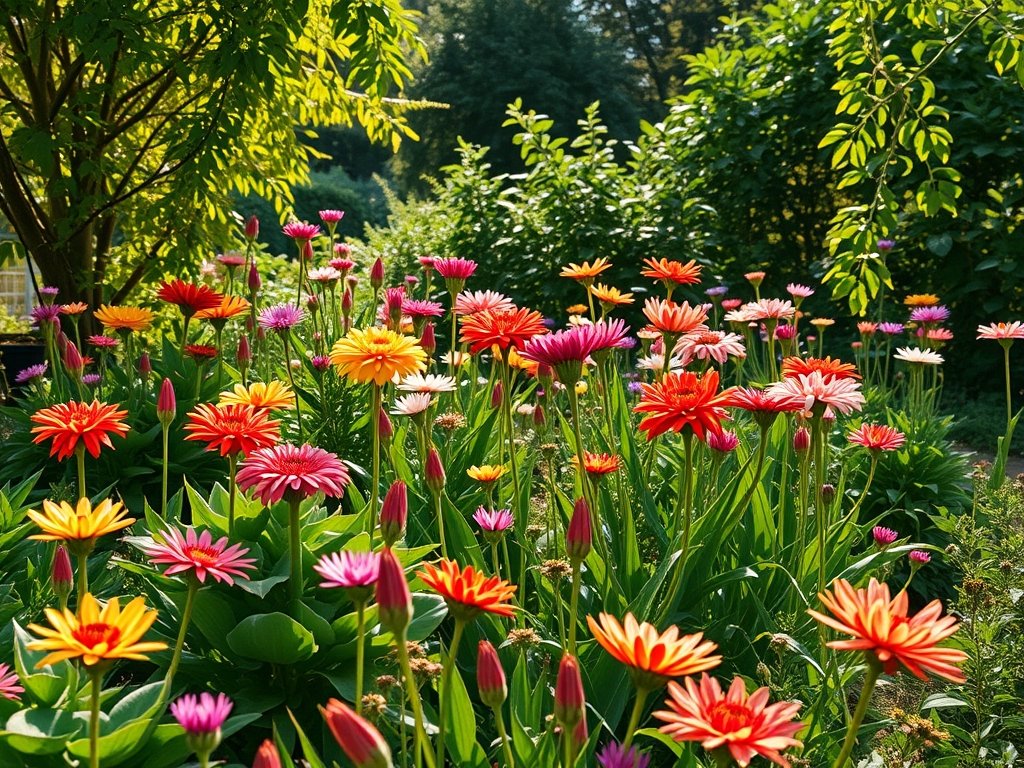 Wide shot van een bloeiende stamroos tuin met verschillende kleuren.