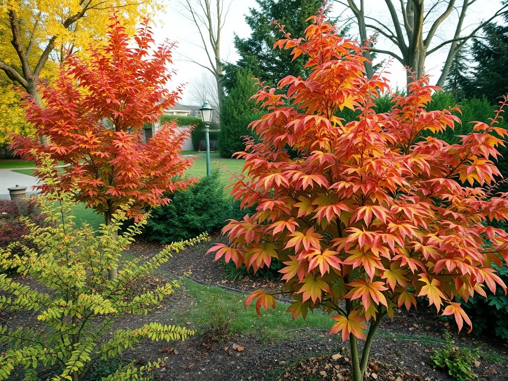 Een serene tuin met verschillende Liquidambar bomen en kleurrijk loof in de avondlicht.