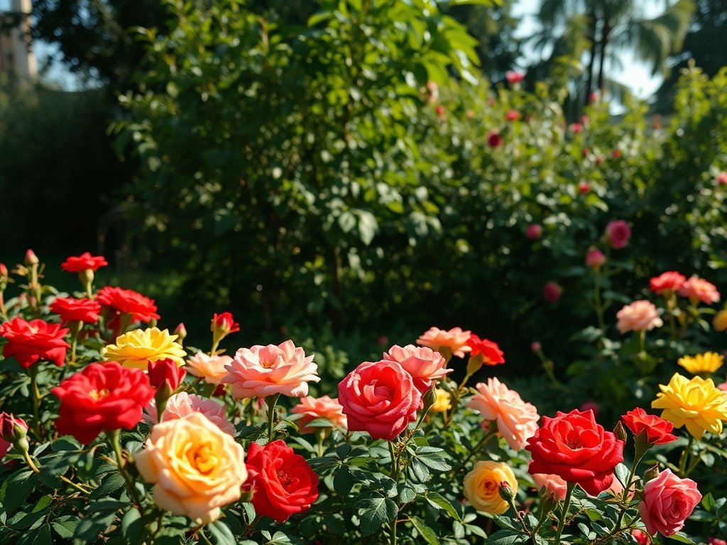 Overzicht van een tuin met kleurrijke struikrozen in bloei.