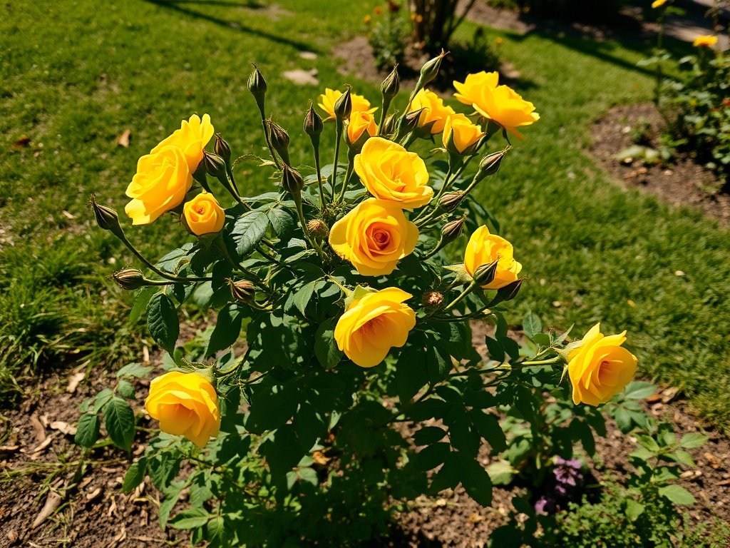 Zonnige tuin met een recent gesnoeide goudiep rozenstruik en frisse gele bloemen.