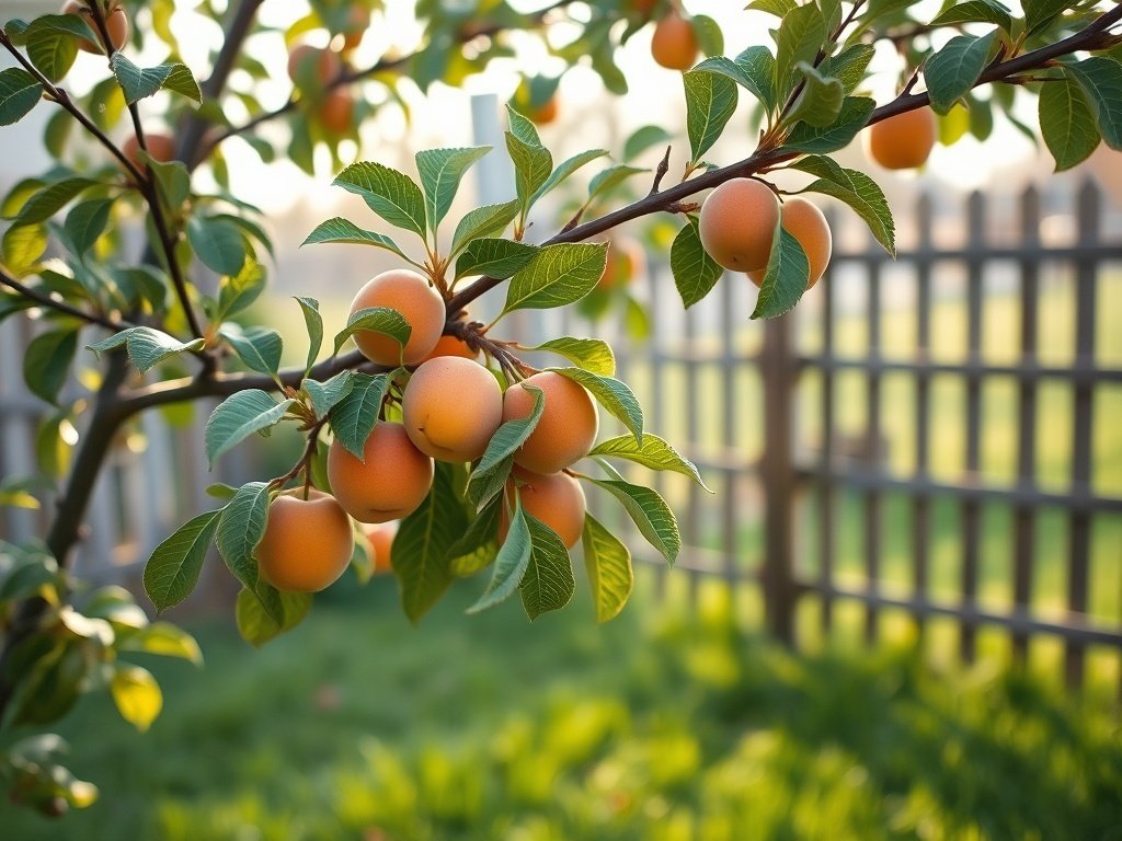Abrikozenboom in een tuin tijdens vroege lente met zichtbaar gesnoeide takken en jonge abrikozen.