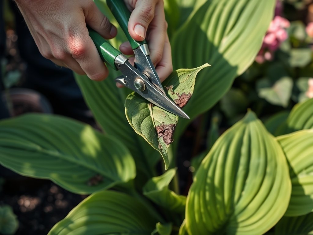 Close-up van groene hosta bladeren met handen die beschadigde bladeren snoeien in een tuin.