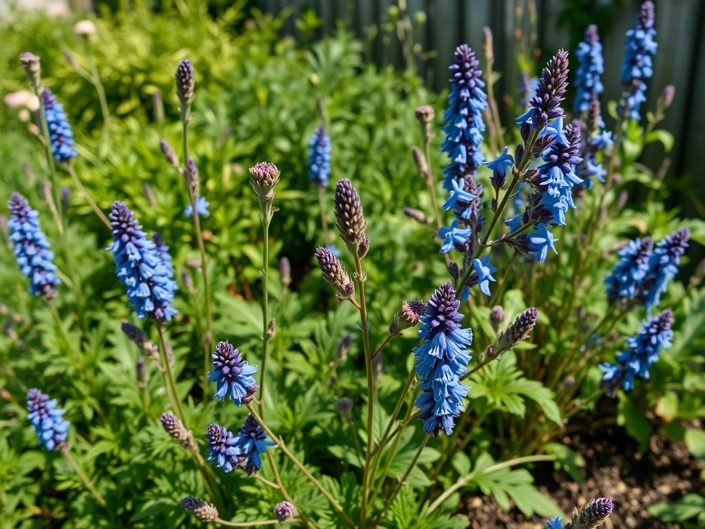 Landschap van een tuin met caryopteris struiken in verschillende groeistadia inclusief gesnoeide takken.