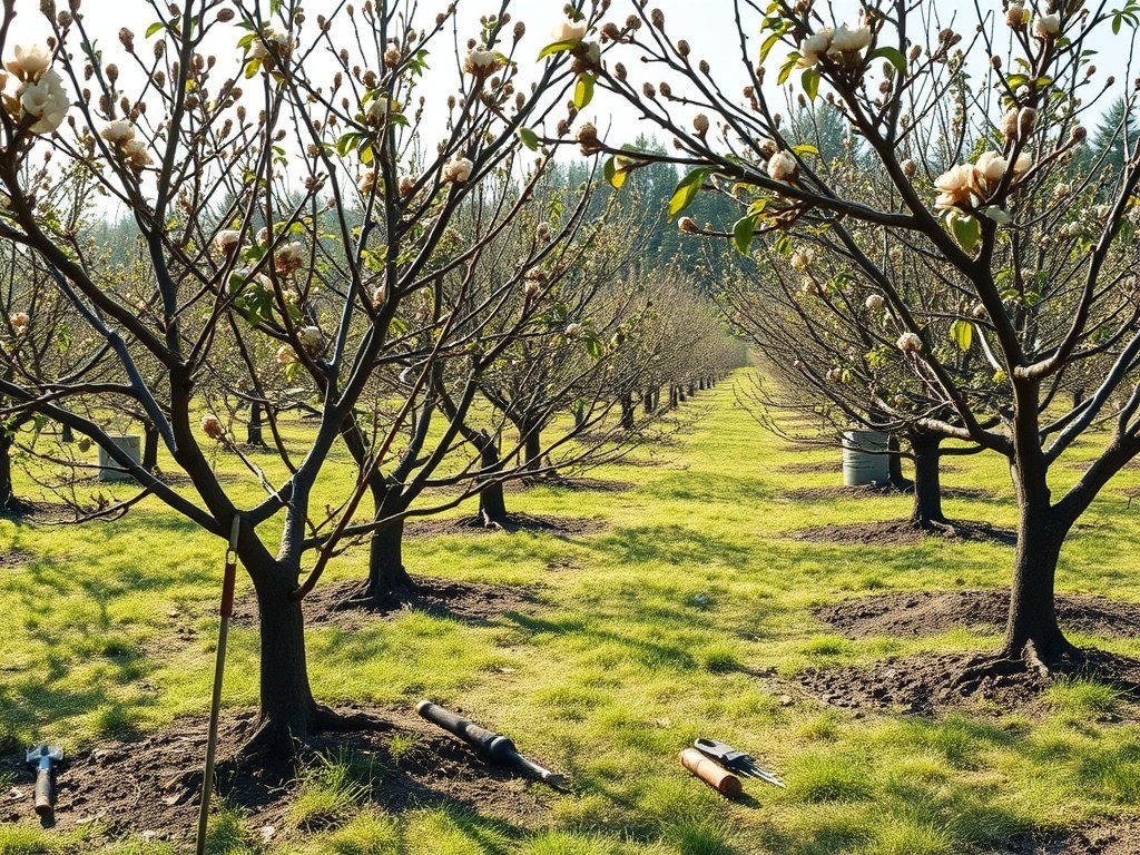 Tuin met meerdere fruitbomen in verschillende stadia van snoeien bij ochtendlicht, met gereedschap op de grond.