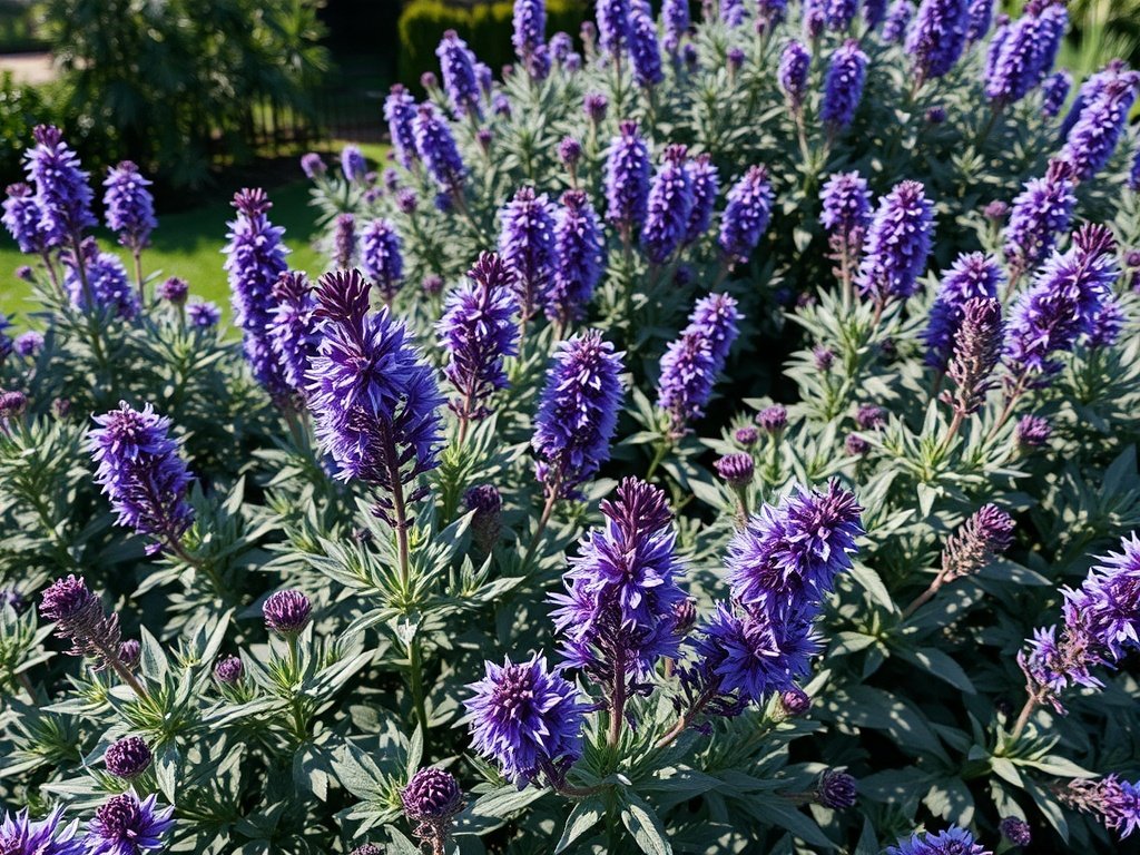 Brede tuinopname met bloeiende perovskia struiken en natuurlijk daglicht.