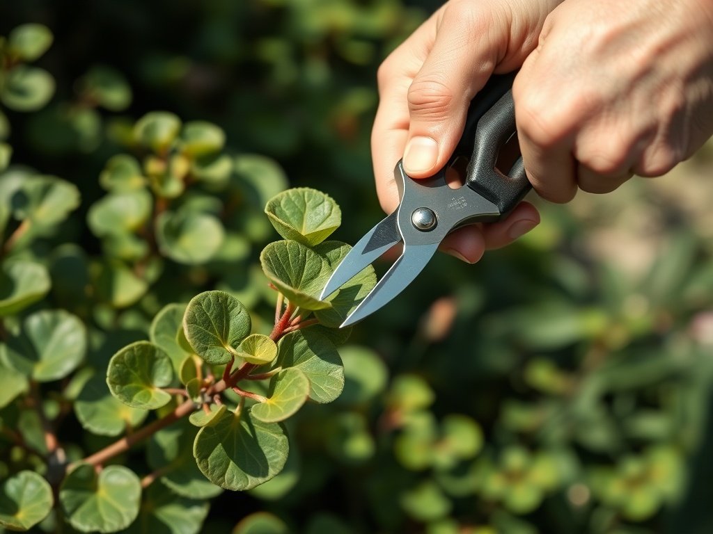 Close-up van het snoeien van een pannenkoekplant met ronde bladeren in een tuin.