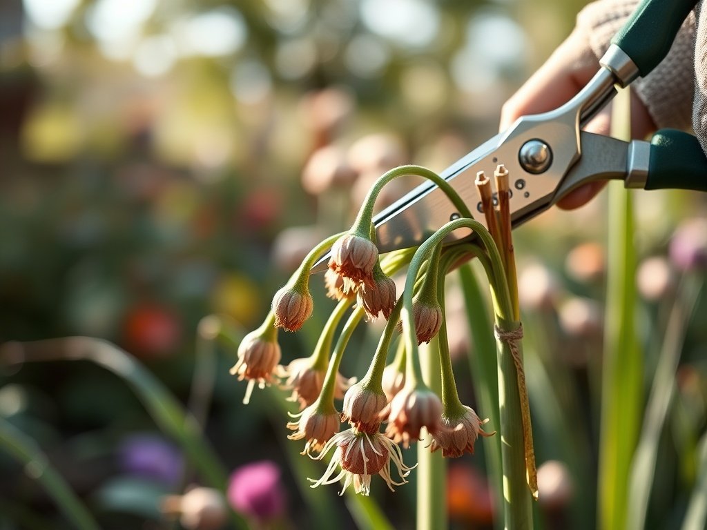 Close-up van allium bloemenstengels die worden gesnoeid met een tuinschaar in een natuurlijke tuinomgeving.