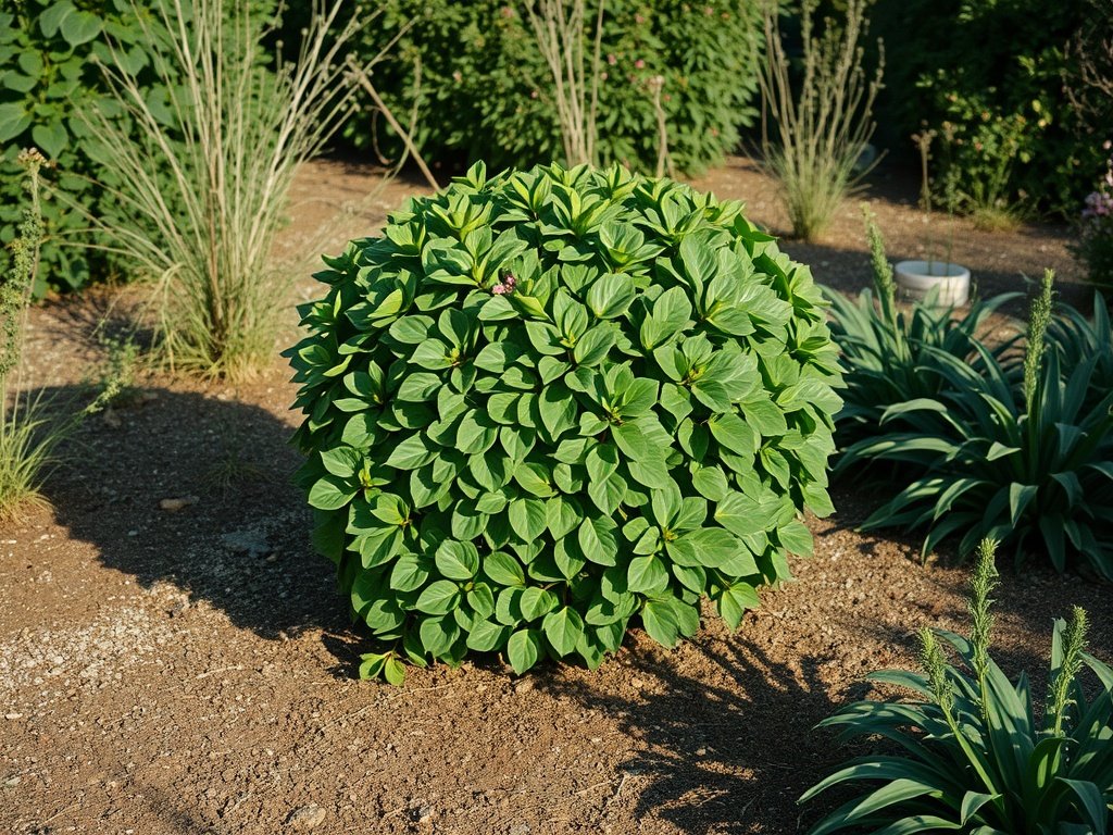 Breed tuinzicht met een net gesnoeide volle groene struik in een natuurlijke buitenomgeving.