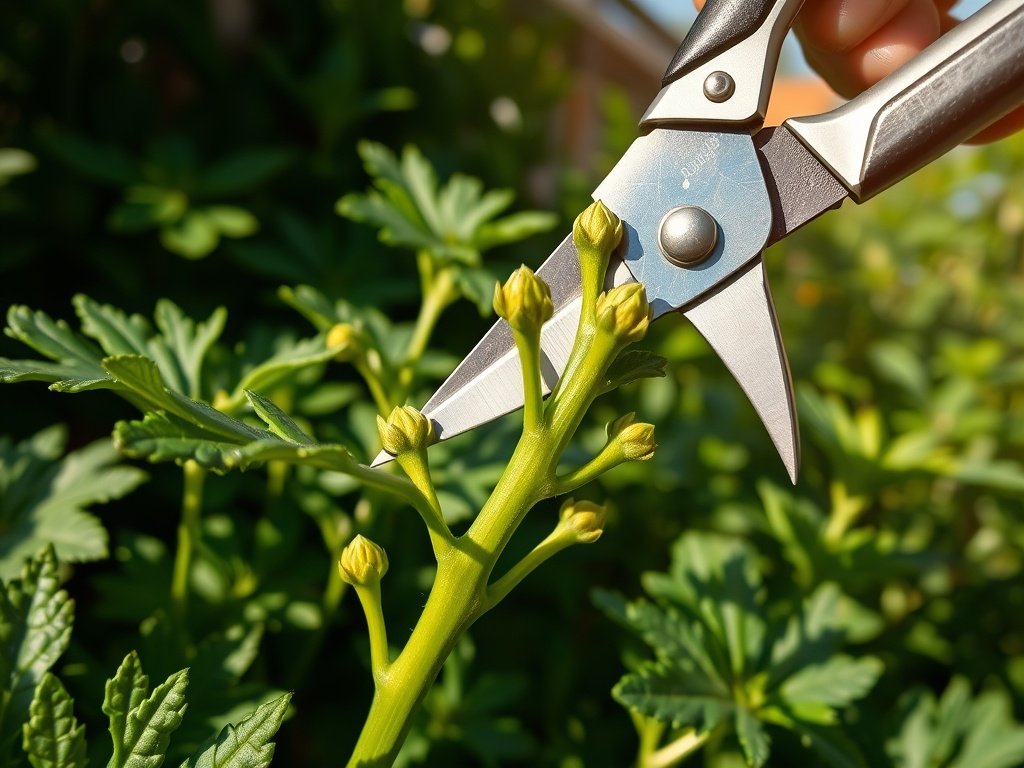Close-up van een kerrieplant die wordt gesnoeid met een scherpe snoeischaar in een zonovergoten tuin.