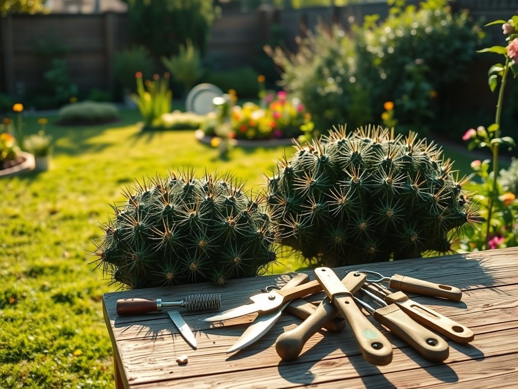 Brede opname van een tuin met gesnoeide doornenstruiken en tuingereedschap op een houten tafel.