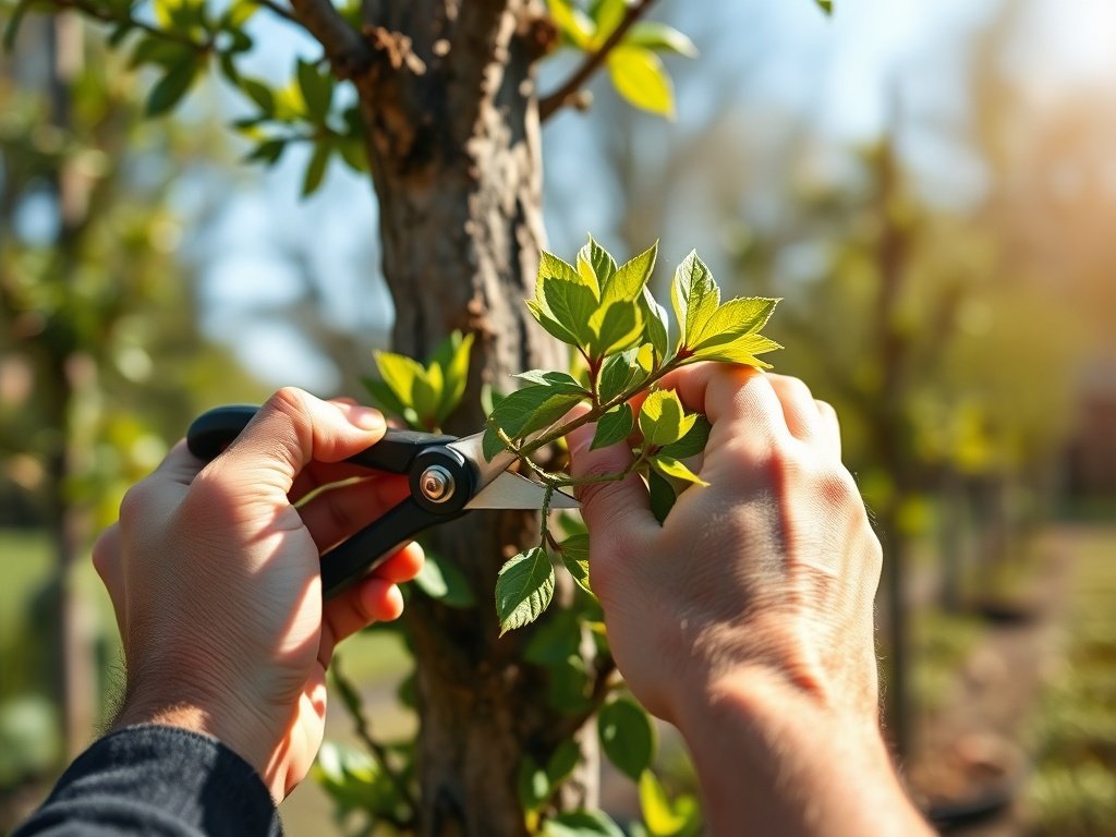 Handen snoeien een leiboom met verse groene blaadjes in een zonnige tuin.