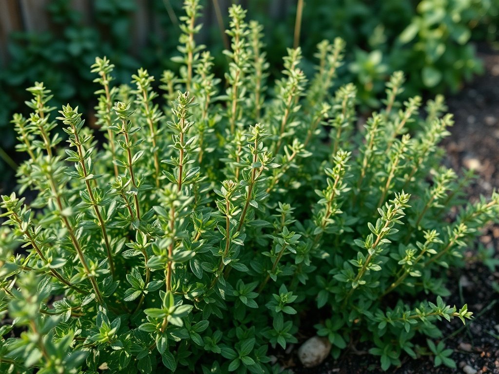 Oregano struiken in een tuin met verse snoei en natuurlijk ochtendlicht.