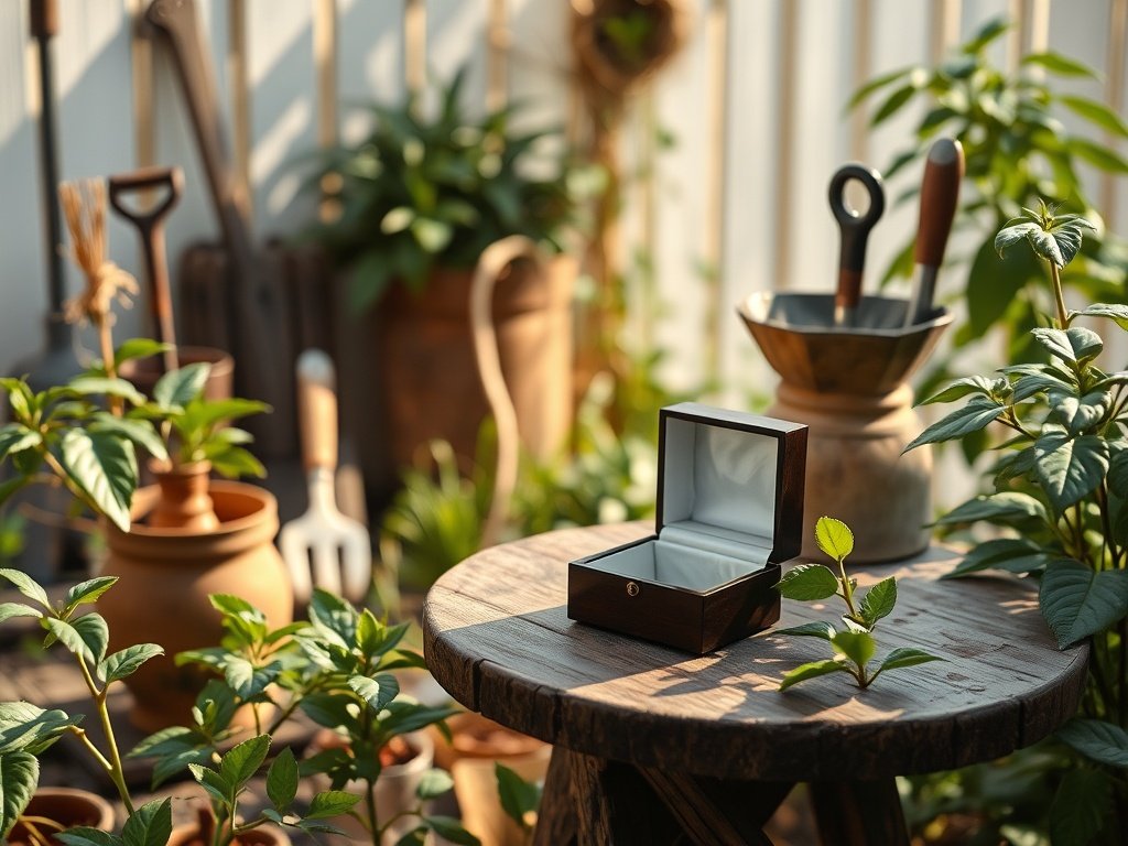 Gezellige tuinhoek met tuinmeubilair, vintage tuingereedschap en een open juwelenkistje op een houten tafel.