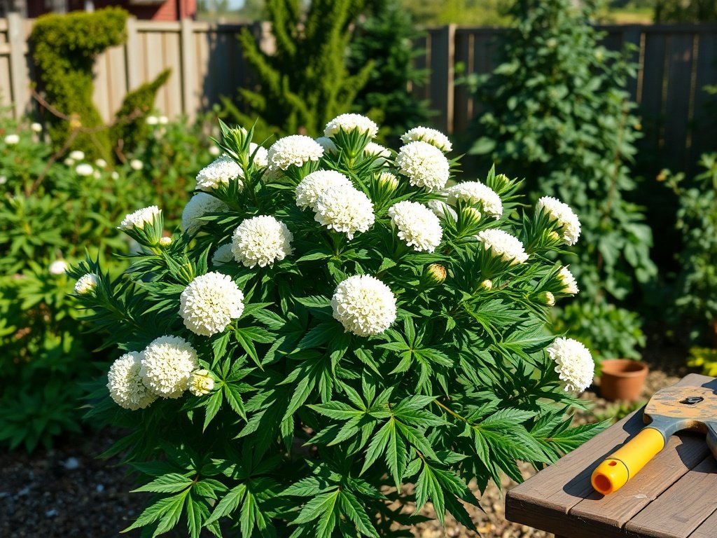 Sneeuwbal struik in een zonnige tuin met witte bloemen en snoeitools op een nabijgelegen houten tafel.