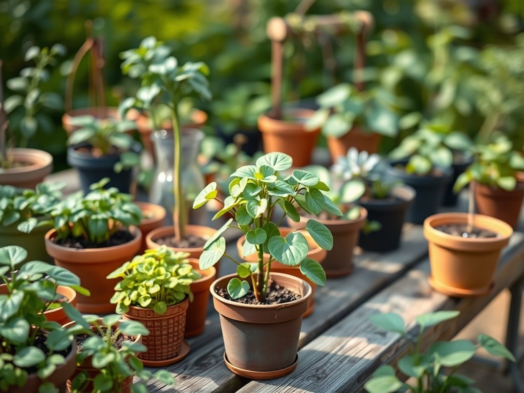 Pannenkoekplant met ronde bladeren op een tuinbank tussen andere planten in natuurlijk licht.