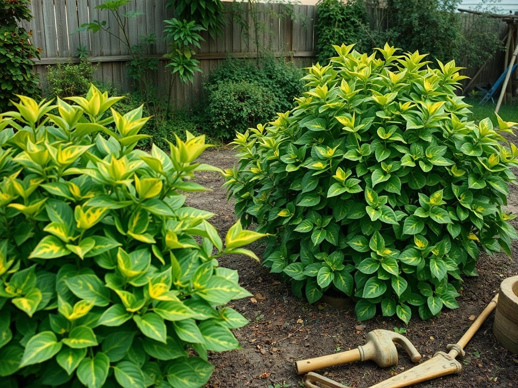 Tuin met gezond gesnoeide aucuba struiken en tuingereedschap in natuurlijke lichtval.