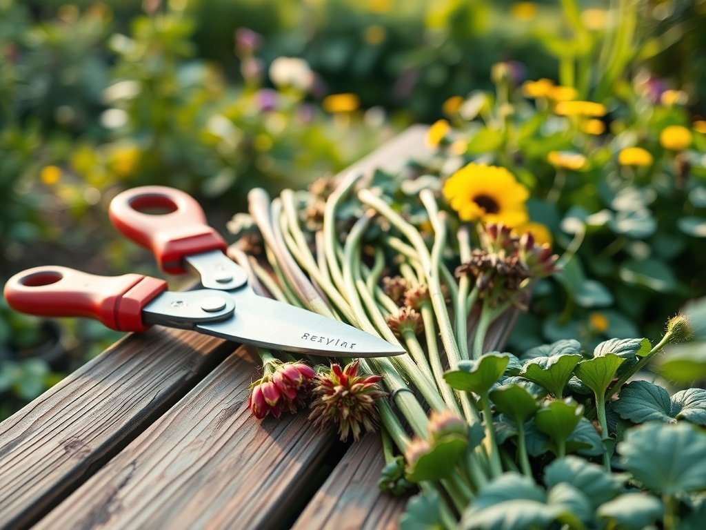 Close-up van snoeigereedschap op een houten tuinbank met gesnoeide vaste planten in zachte ochtendzon.