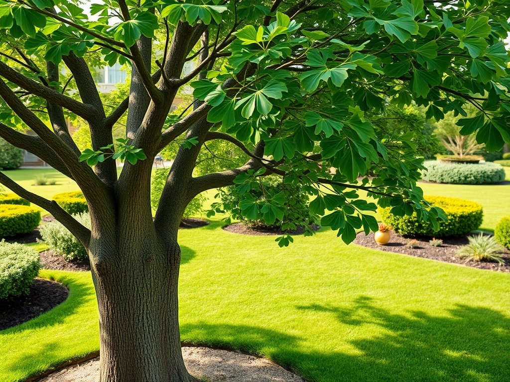 Wijds beeld van een volwassen ginkgo biloba boom met recent gesnoeide takken in een rustige tuin.