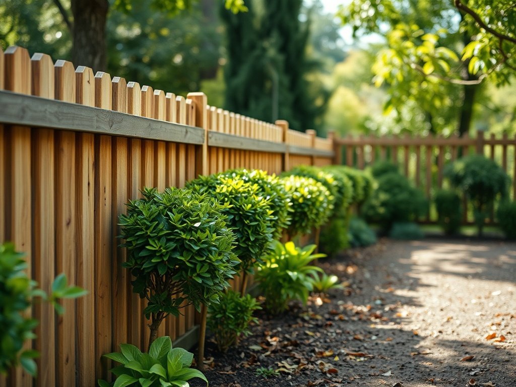 Vers gesnoeide struiken langs een houten tuinhek in een rustige, groene tuin.