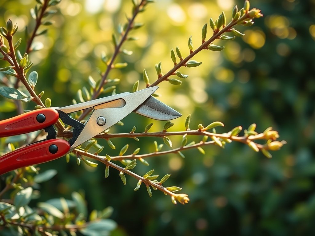 Close-up van escallonia takken die worden gesnoeid met rode snoeischaar in een groene tuin.