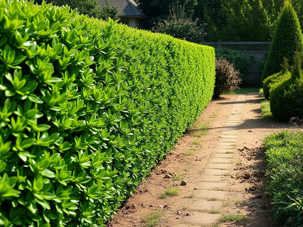Breed beeld van een net gesnoeide escallonia haag langs een tuinpad in natuurlijk daglicht.
