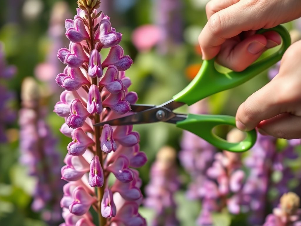 Close-up van levendige lupine bloemen die worden gesnoeid met een groene schaar in een bloeiende tuin.