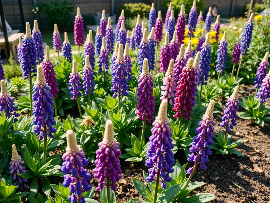 Brede opname van een kleurrijk lupine bloemenperk met recent gesnoeide planten in een rustige tuin.