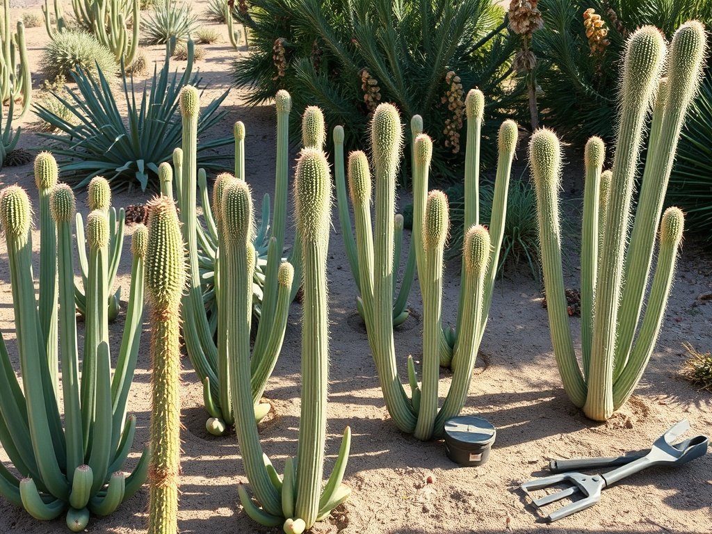 Wijds beeld van een tuin met yucca planten en vers gesnoeide stengels in natuurlijk licht.