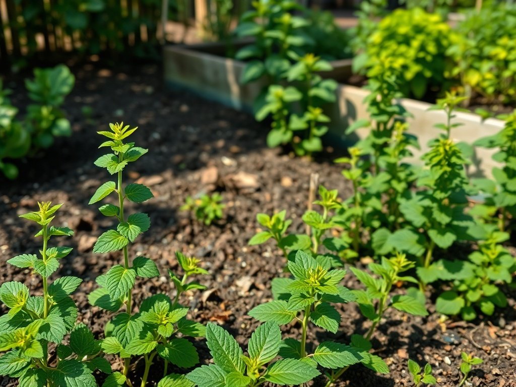 Ruim zicht op een kruidentuin met muntplanten in verschillende groeistadia en vers gesnoeid.