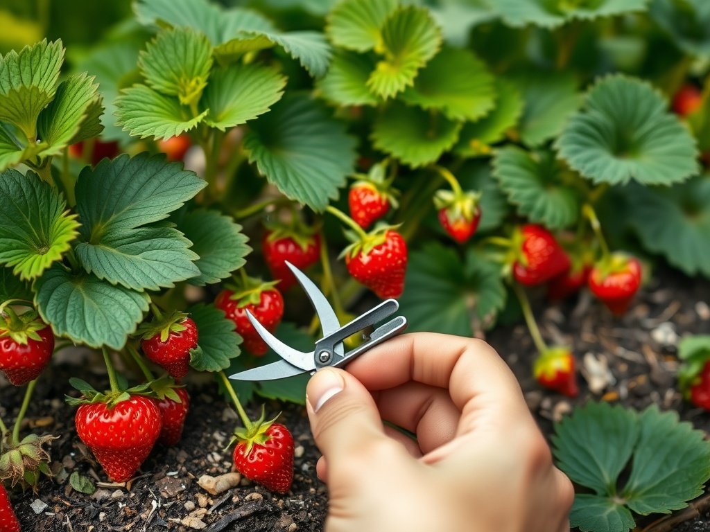 Close-up van gezonde aardbeienplanten met rode aardbeien en handen die prikkers snoeien in een natuurlijke tuin.
