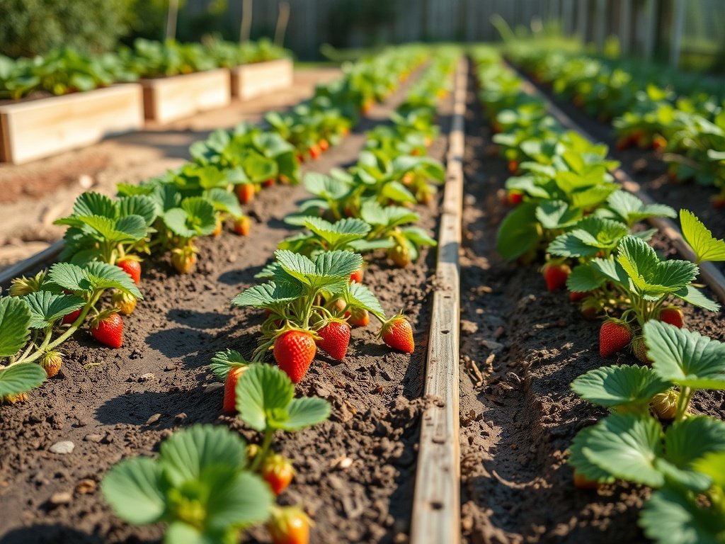 Rijen aardbeienplanten in verhoogde bedden met gesnoeide runners en ochtendzon in een natuurlijke tuin.