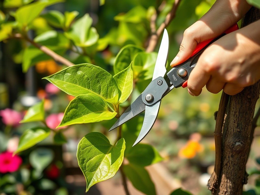Close-up van een mandevilla plant die wordt gesnoeid met een scherpe tuinenschaar in een zonnige tuin.