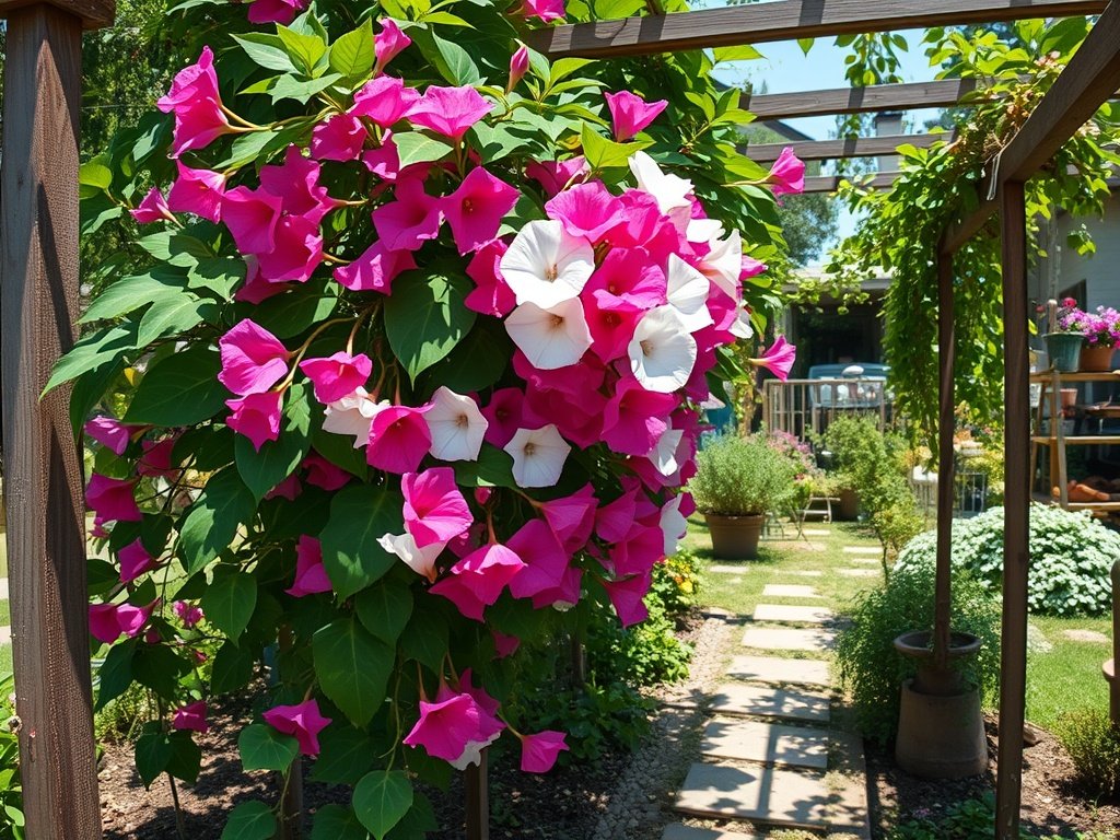 Grote mandevilla wijnstok met kleurrijke bloemen aan een klimrek in een zonnige tuin met groene bladeren.