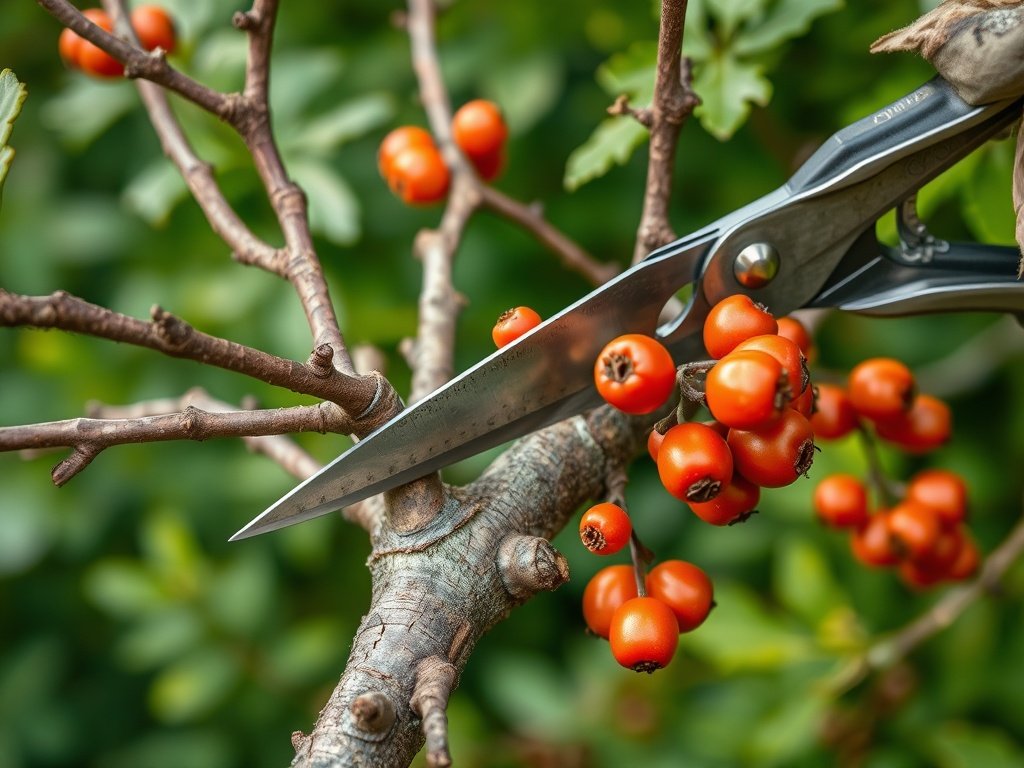 Close-up van takken van lijsterbes met rode bessen die gesnoeid worden in een natuurlijke tuinsetting.