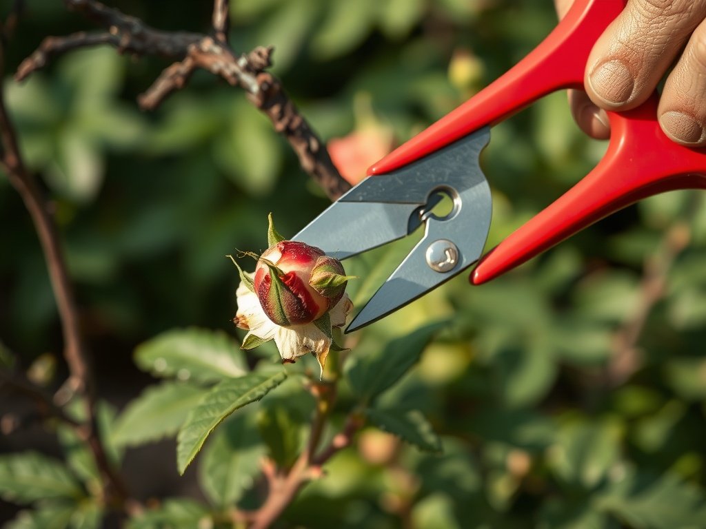 Close-up van snoeischaar die een gebroken tak van een rozenstruik knipt in de tuin.