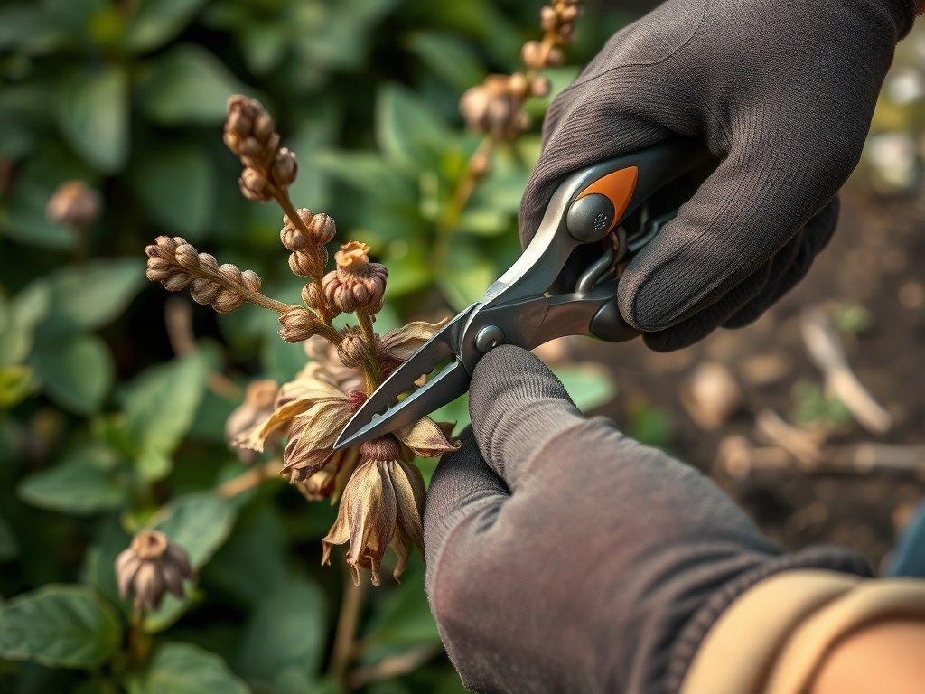 Close-up van handschoenen die vingerhoedskruid snoeien in een groene tuin.