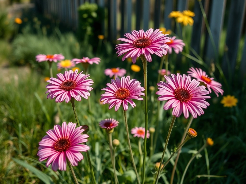 Zomerse tuin met kattenstaart planten, deels gesnoeid, in warm natuurlijk licht.